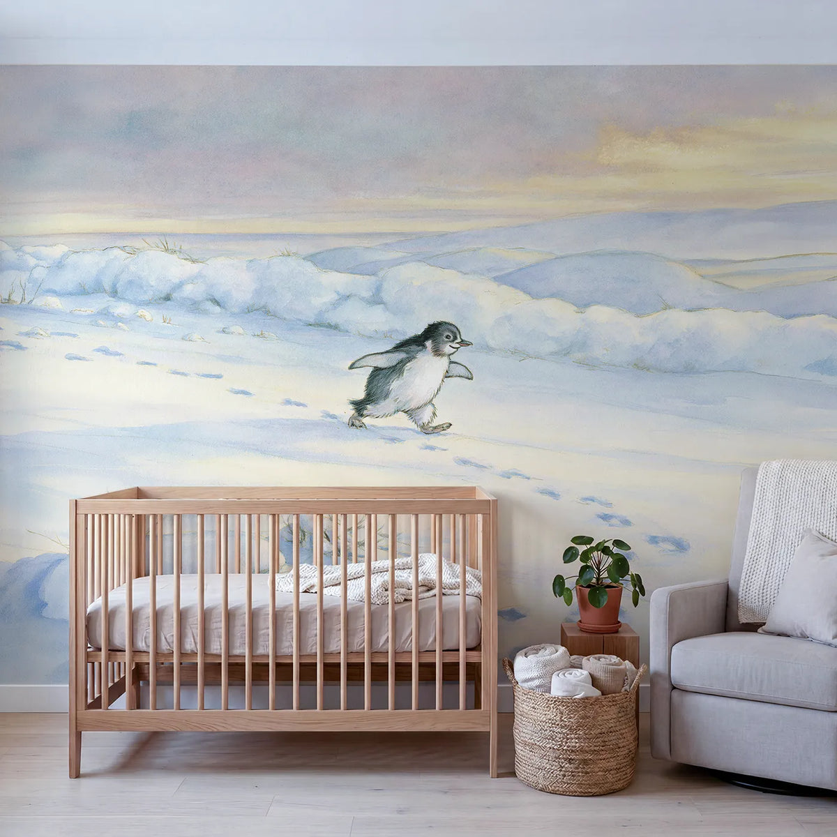 Friendly Penguin Waddle Wallpaper Mural in playroom setting by Whimsy Tots