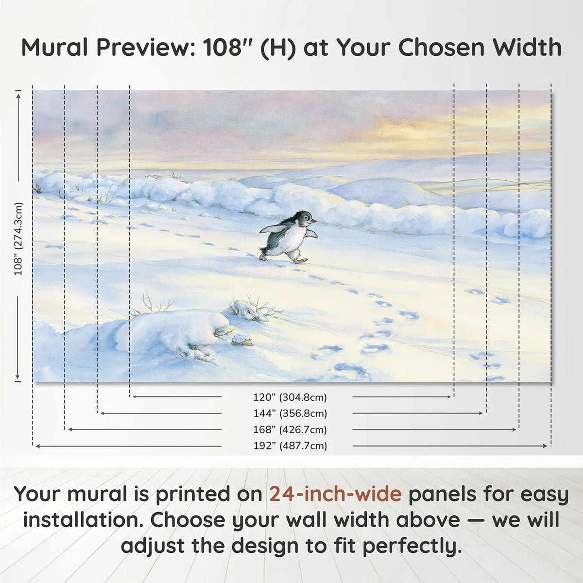 Panel layout and dimensions for Friendly Penguin Waddle Wallpaper Mural by Whimsy Tots