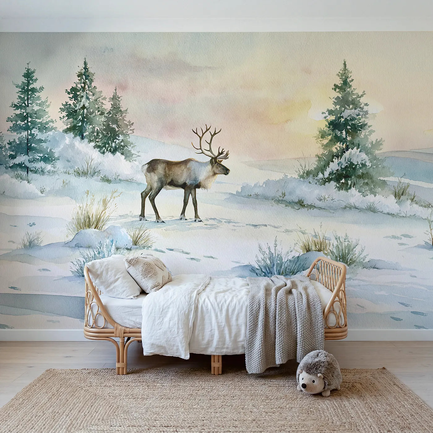Watercolor wall mural of a reindeer in snow profile by Whimsy Tots