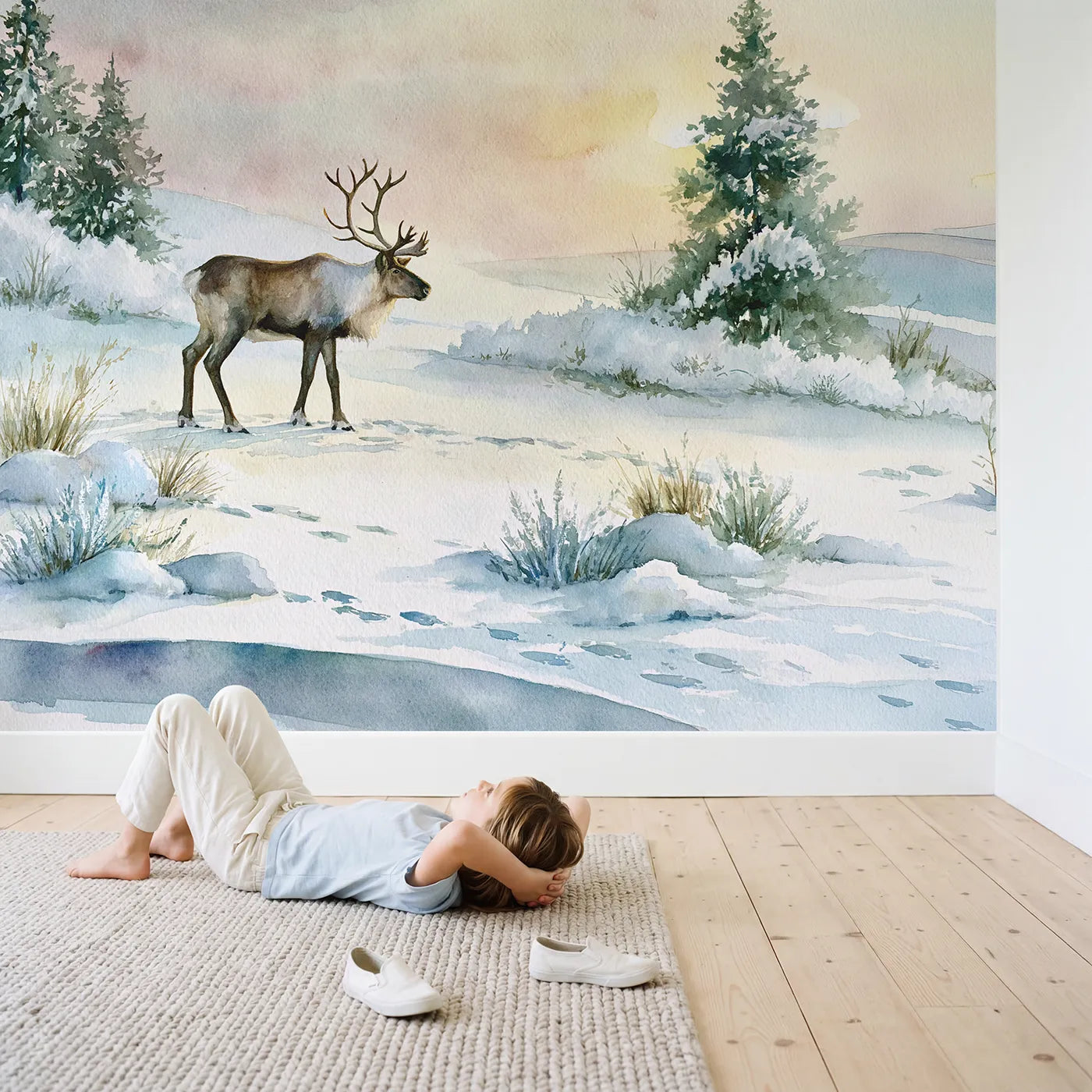 Child in nursery with Reindeer Snow Profile Wallpaper Mural by Whimsy Tots