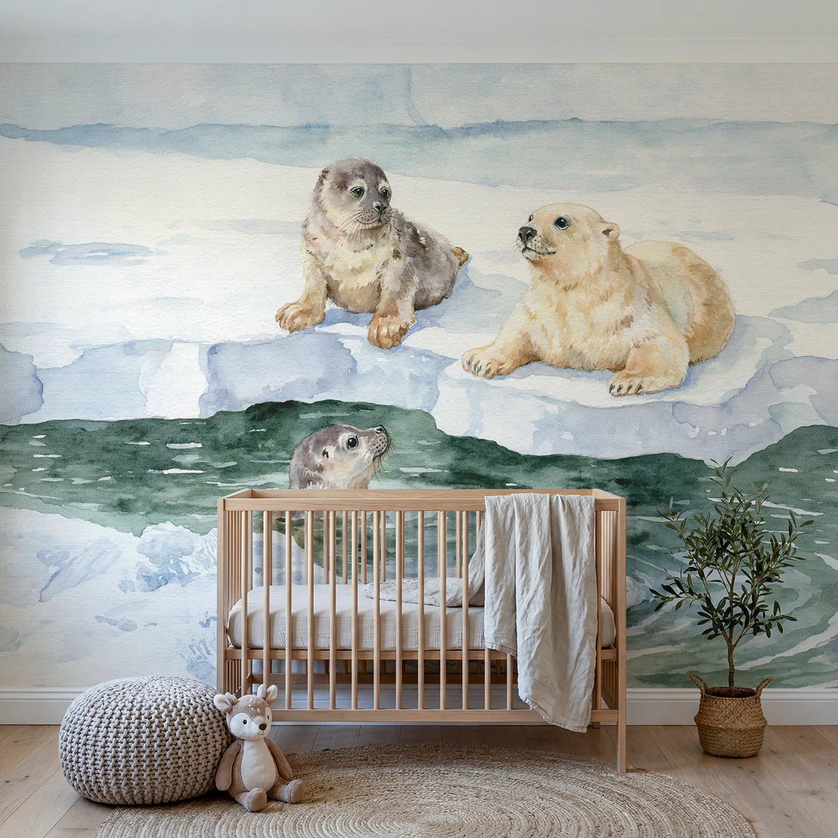 Watercolor seal pup at the ice edge before diving, wall mural for a bedroom by Whimsy Tots