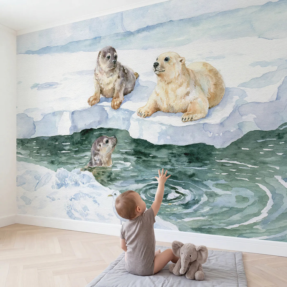 Child in nursery with The First Dive Wallpaper Mural by Whimsy Tots