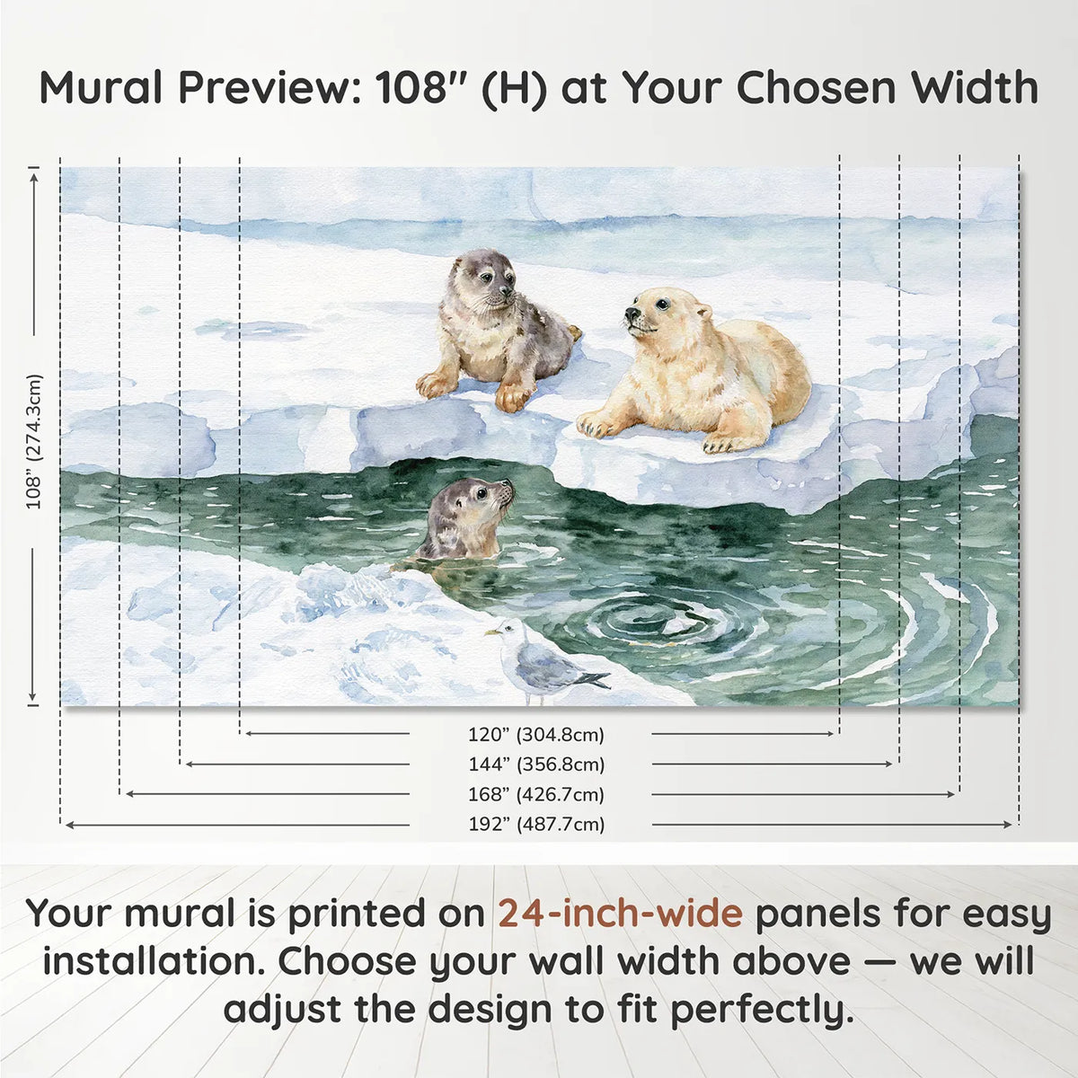 Panel layout and dimensions for The First Dive Wallpaper Mural by Whimsy Tots