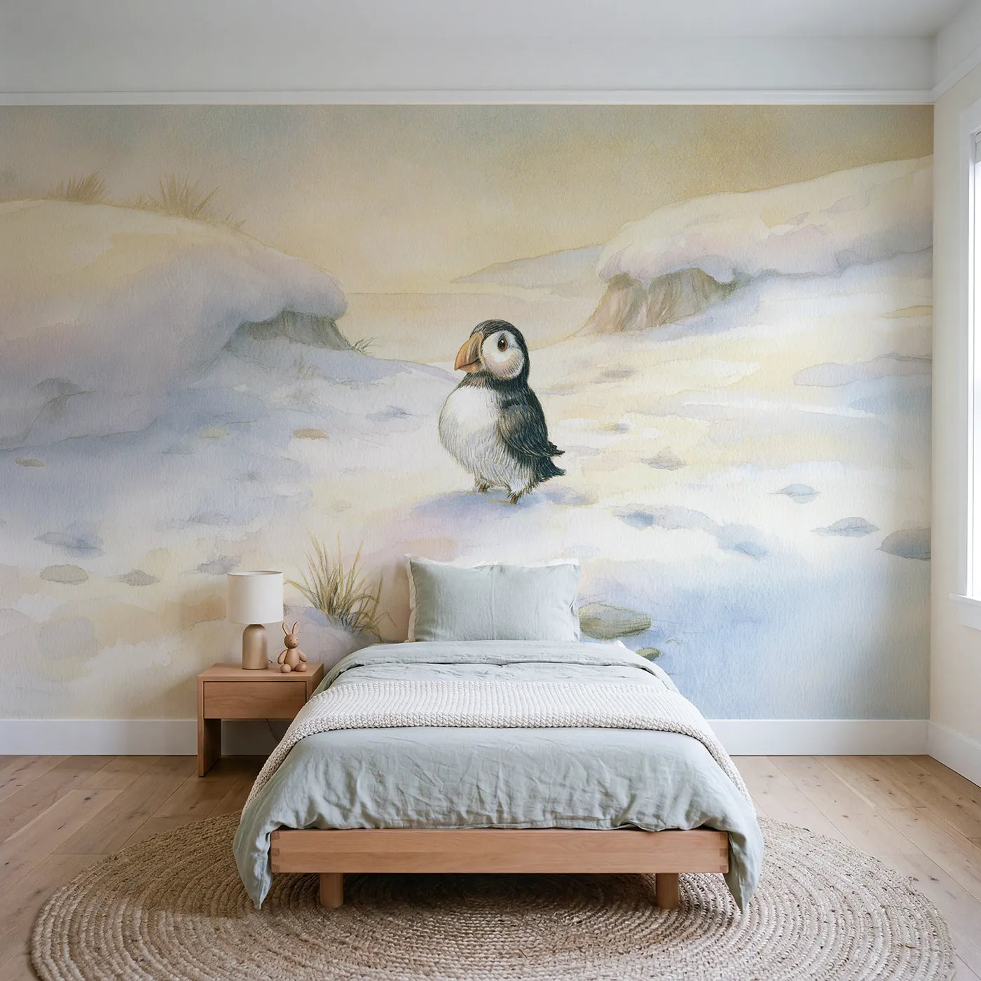 Storybook wall mural of a friendly little puffin by Whimsy Tots