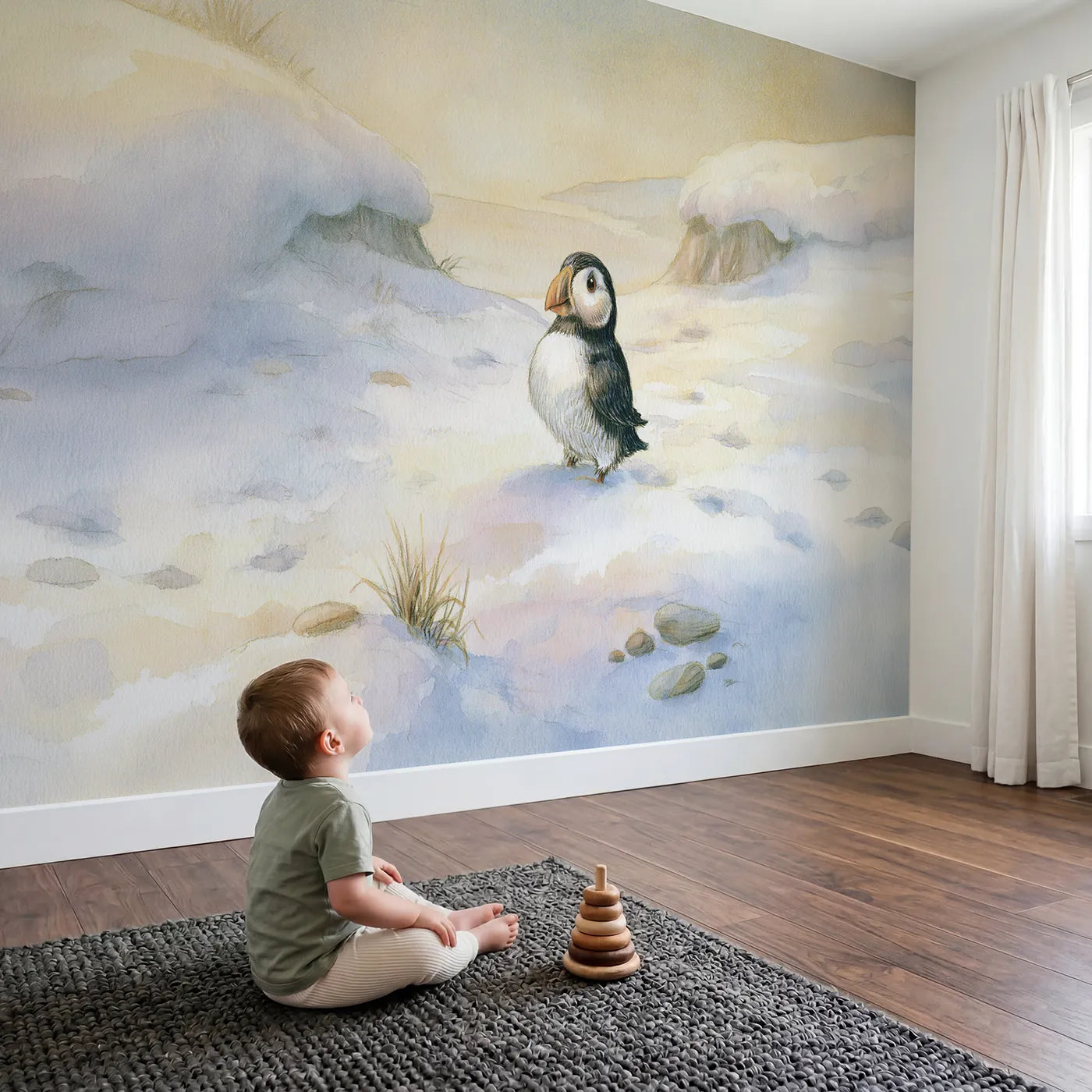 Child in nursery with Friendly Little Puffin Wallpaper Mural by Whimsy Tots