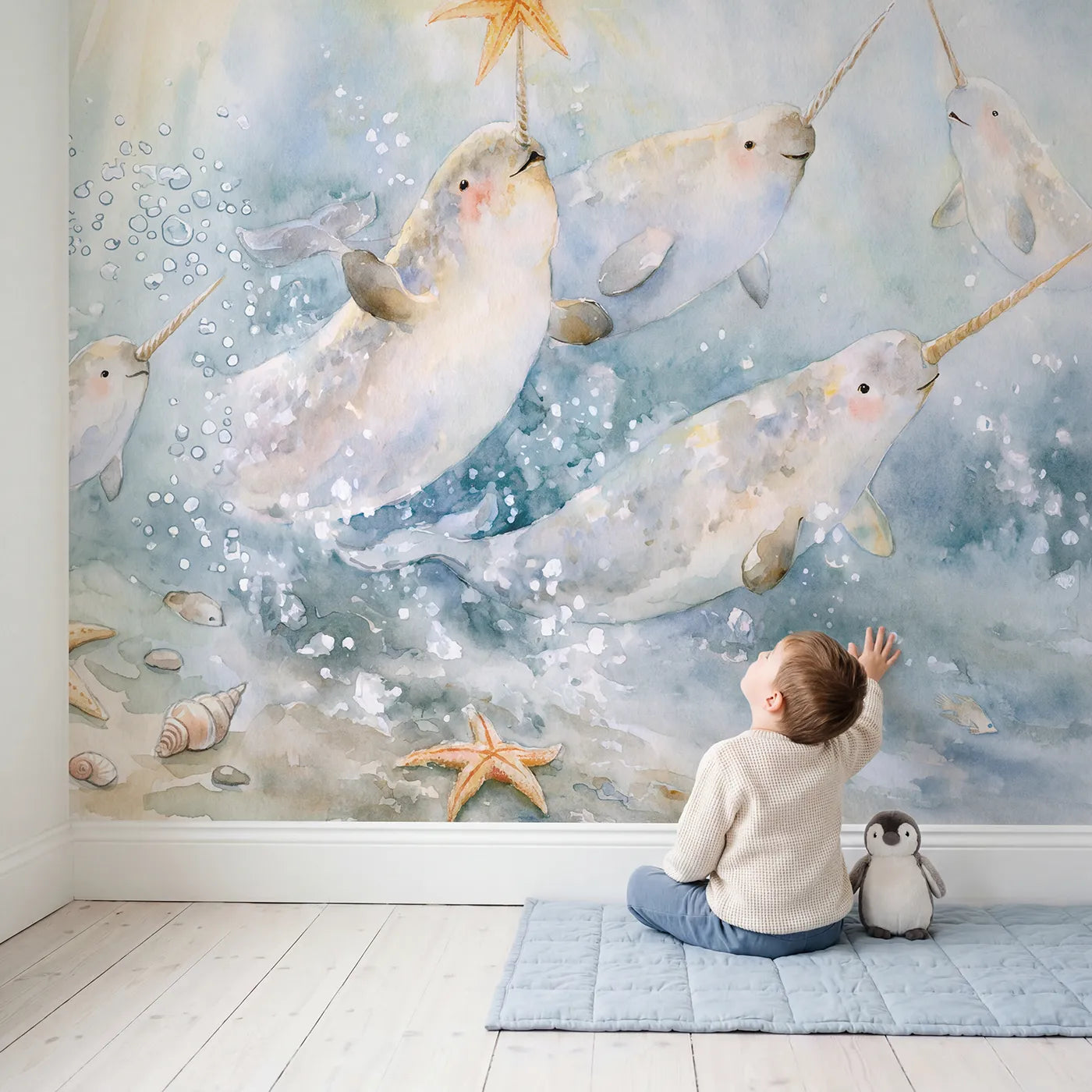 Child in nursery with The Tusk Relay Wallpaper Mural by Whimsy Tots