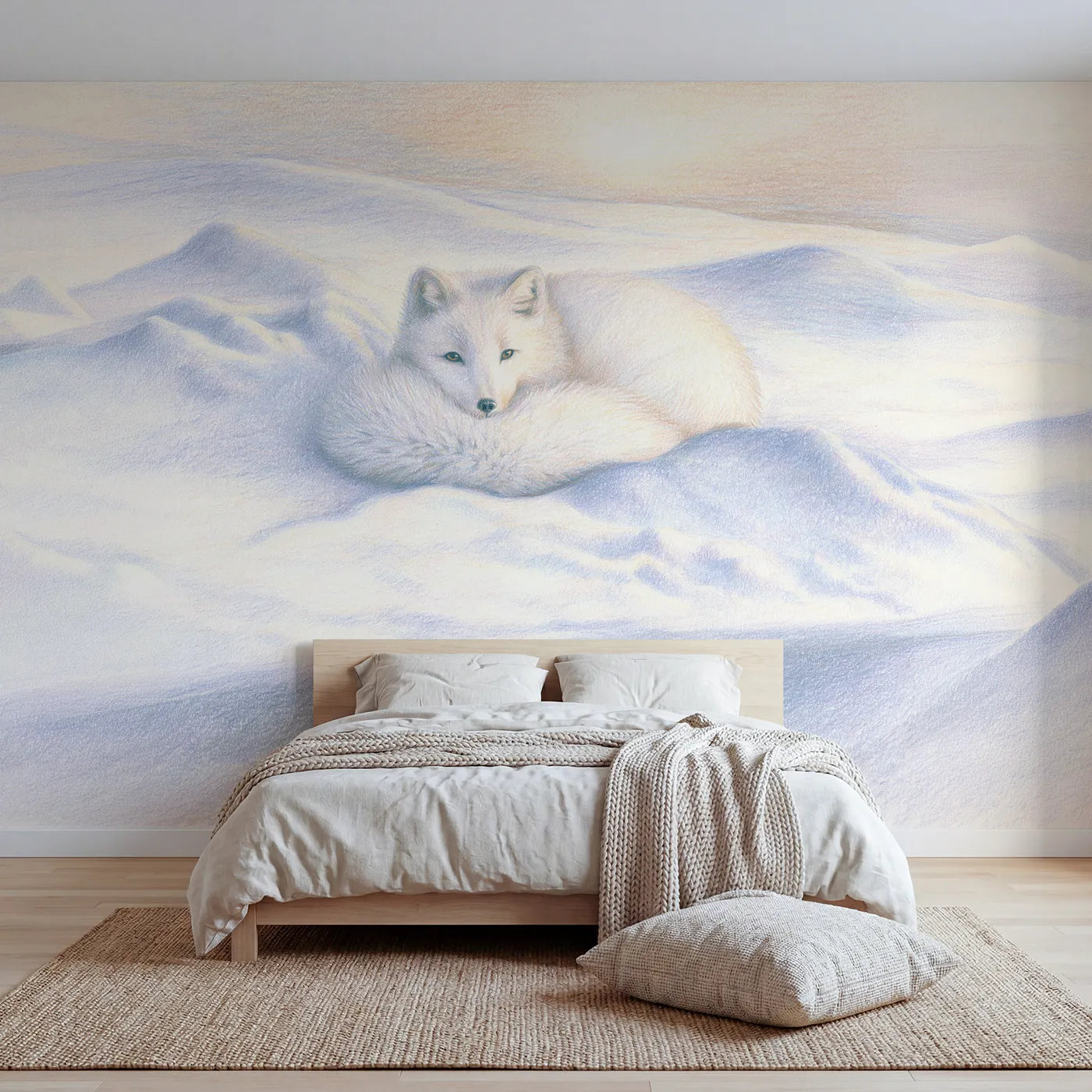 Colored-pencil wall mural of a curled arctic fox by Whimsy Tots
