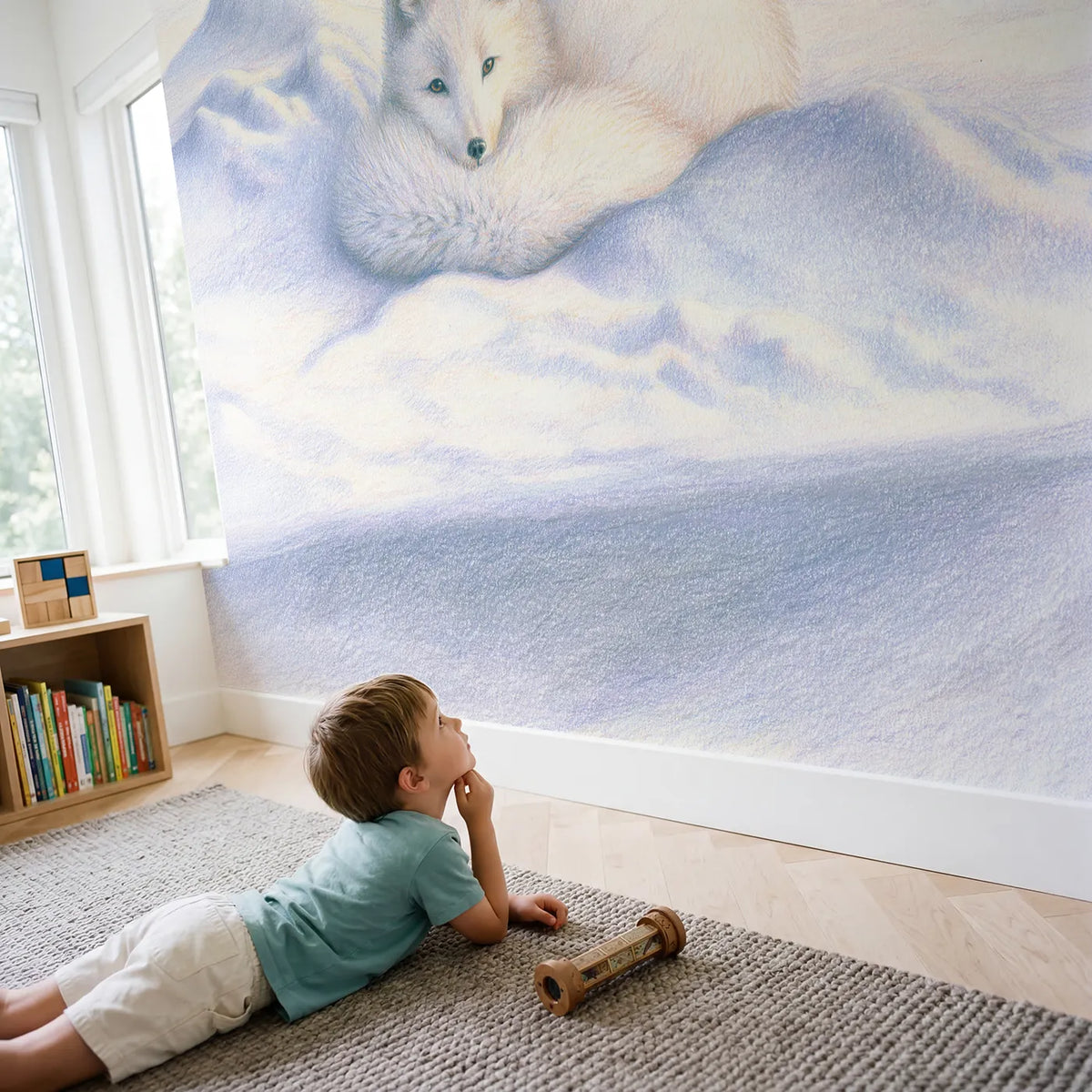 Child in nursery with Curled Arctic Fox Wallpaper Mural by Whimsy Tots