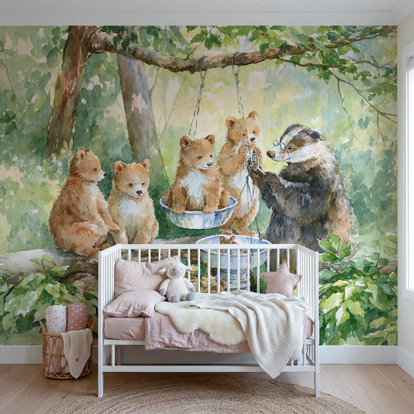 Watercolor bear cubs weighed on a pan scale, wall mural for a shared kids room by Whimsy Tots