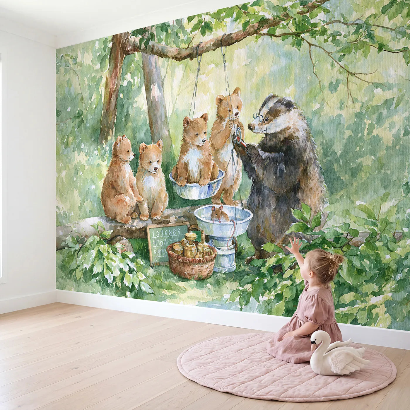 Child in nursery with Weighing the Cubs Wallpaper Mural by Whimsy Tots