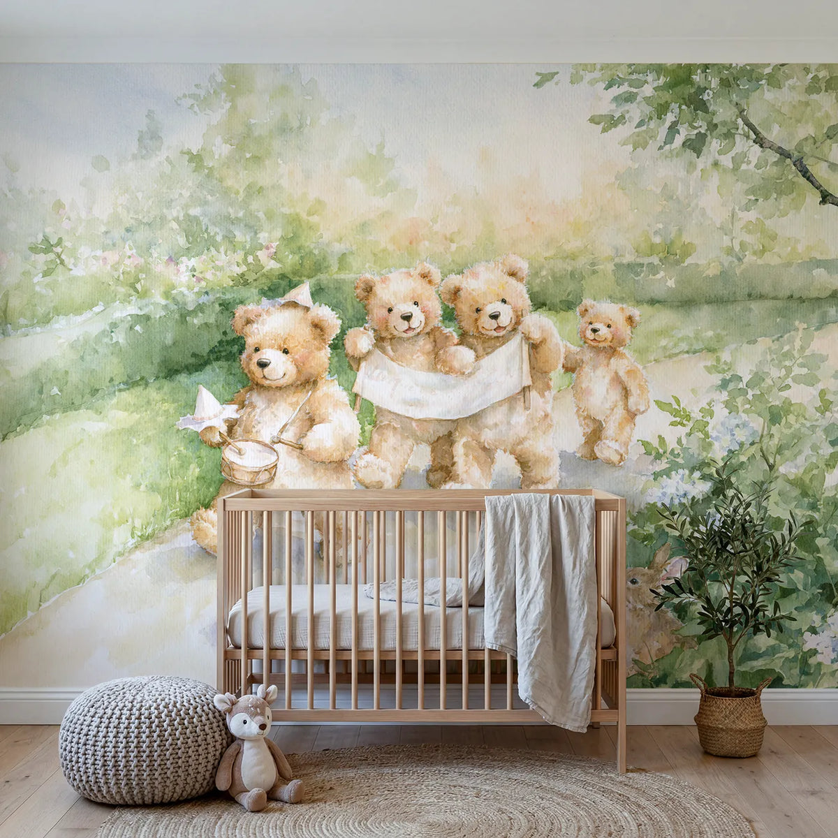Watercolor teddy bear parade along a garden path, wall mural for a bedroom by Whimsy Tots