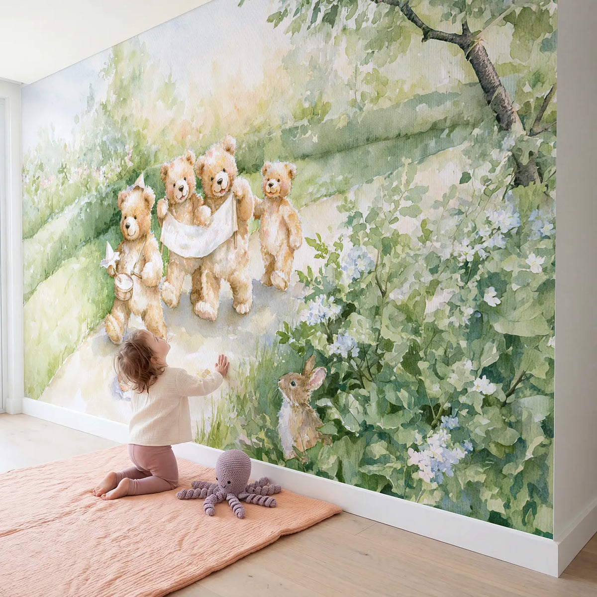 Child in nursery with The Teddy Bear Parade Wallpaper Mural by Whimsy Tots