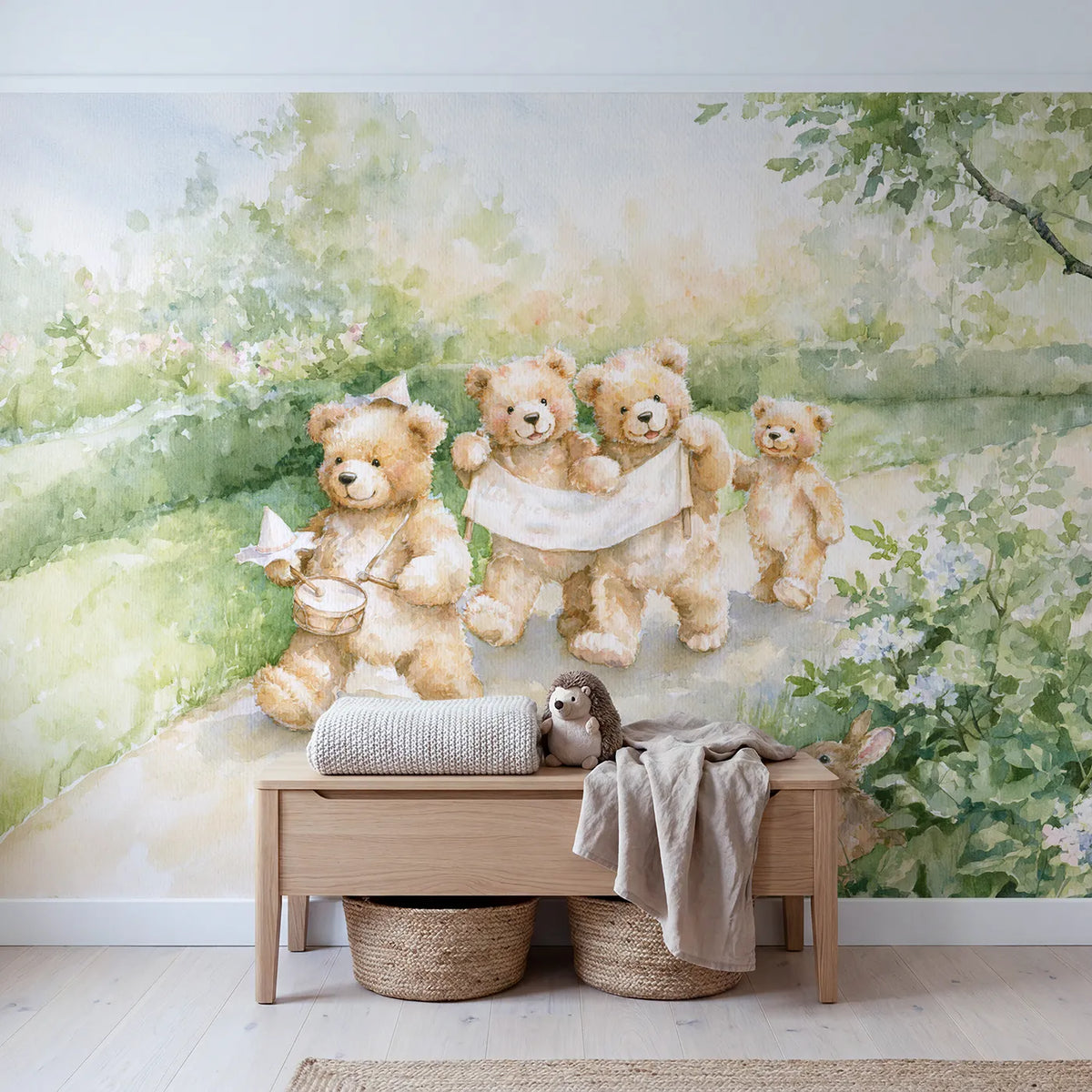 The Teddy Bear Parade Wallpaper Mural in playroom setting by Whimsy Tots