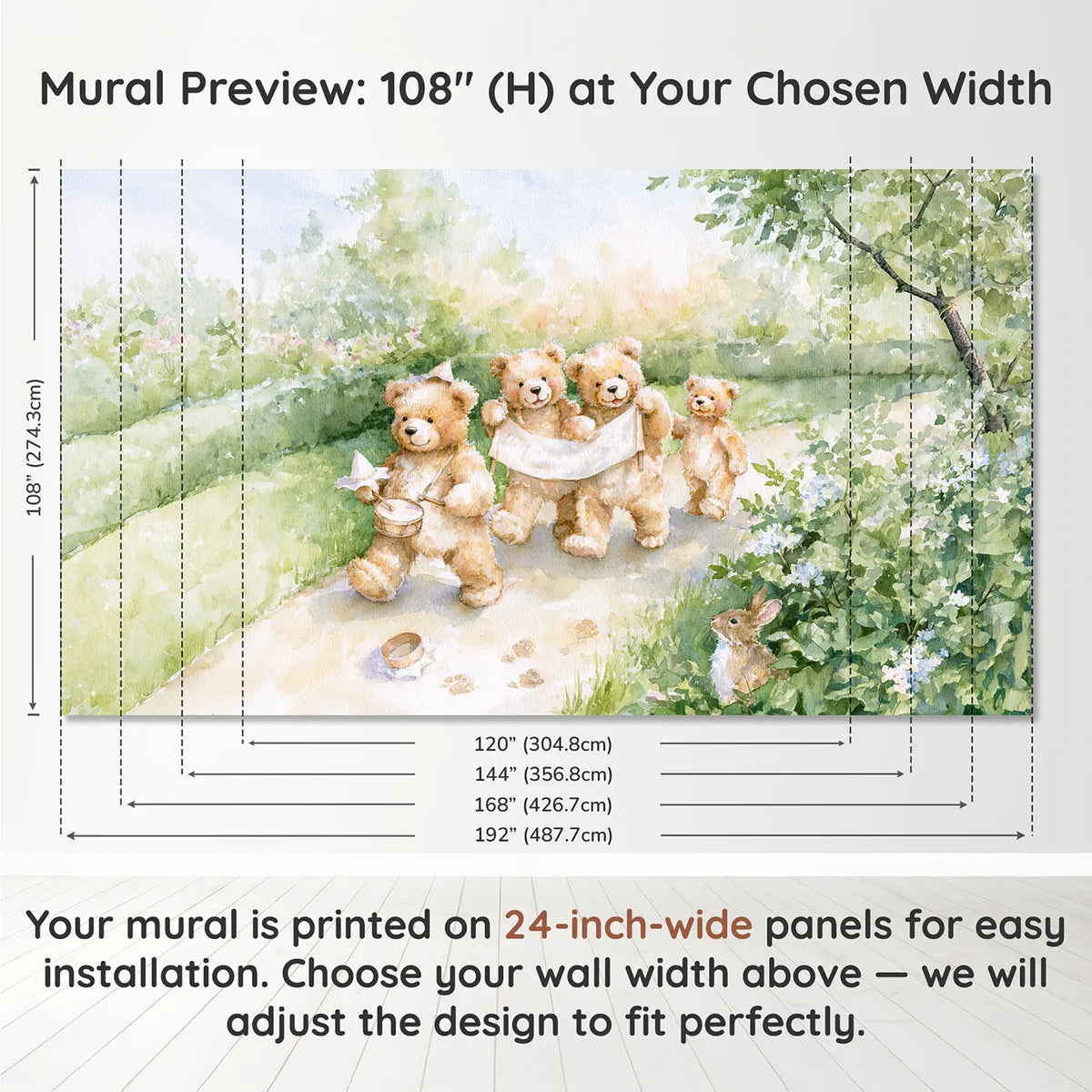 Panel layout and dimensions for The Teddy Bear Parade Wallpaper Mural by Whimsy Tots
