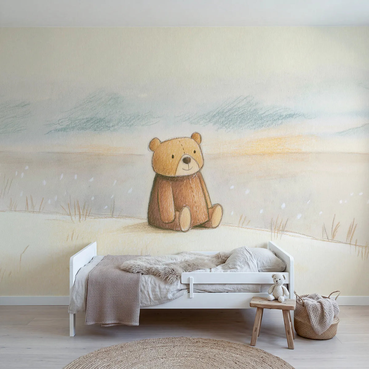 Colored-pencil wall mural of a soft sketch teddy bear by Whimsy Tots