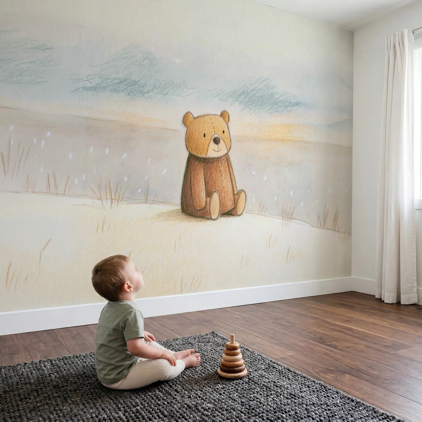 Child in nursery with Soft Sketch Teddy Wallpaper Mural by Whimsy Tots