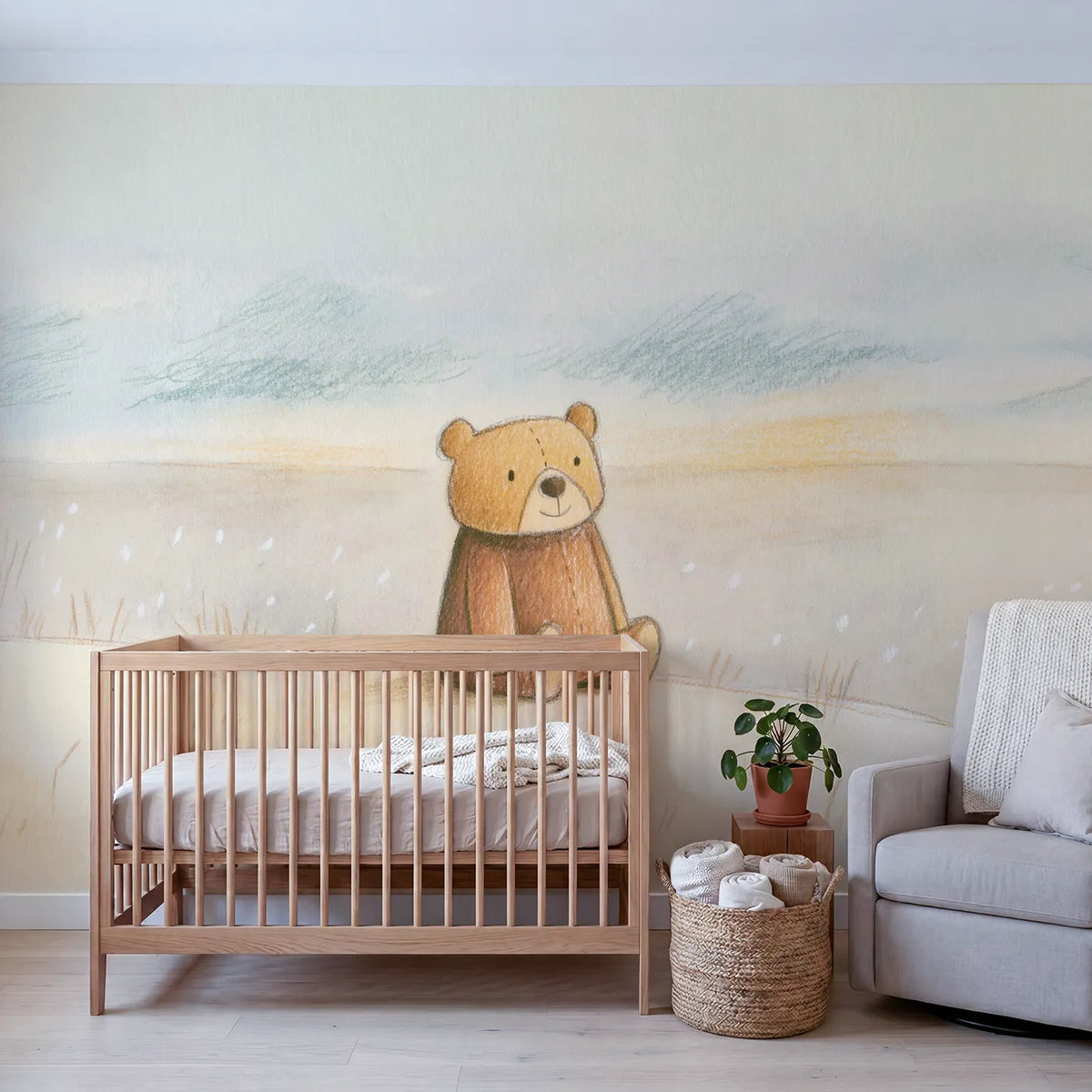 Soft Sketch Teddy Wallpaper Mural in playroom setting by Whimsy Tots