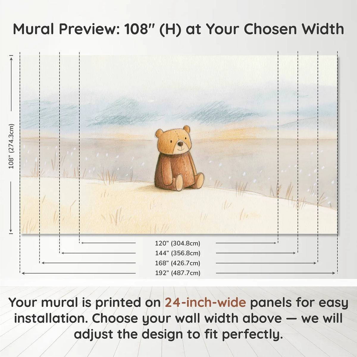 Panel layout and dimensions for Soft Sketch Teddy Wallpaper Mural by Whimsy Tots