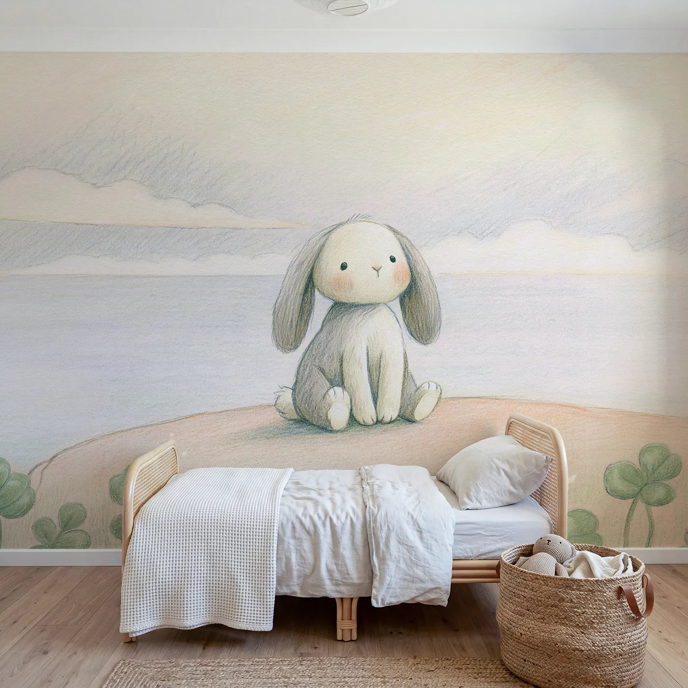 Colored-pencil wall mural of a gentle sketch bunny by Whimsy Tots