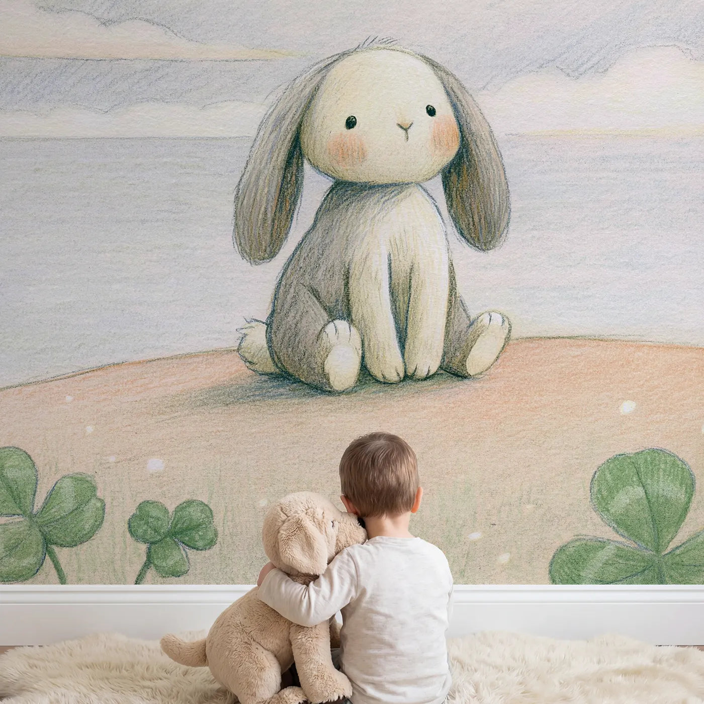 Child in nursery with Gentle Sketch Bunny Wallpaper Mural by Whimsy Tots