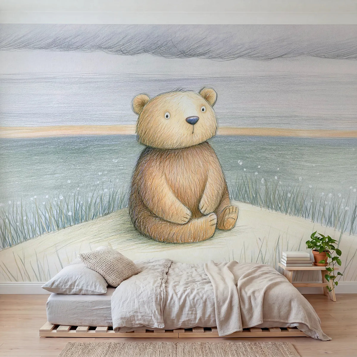 Colored-pencil wall mural of a cozy pencil bear cub by Whimsy Tots