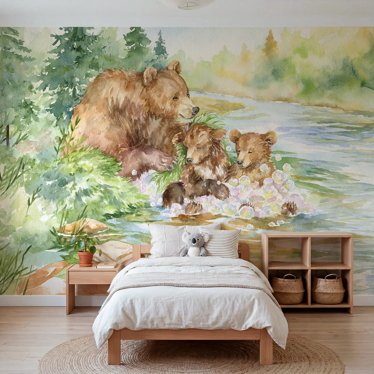 Watercolor bear cub having a river bath, wall mural for a toddler room by Whimsy Tots