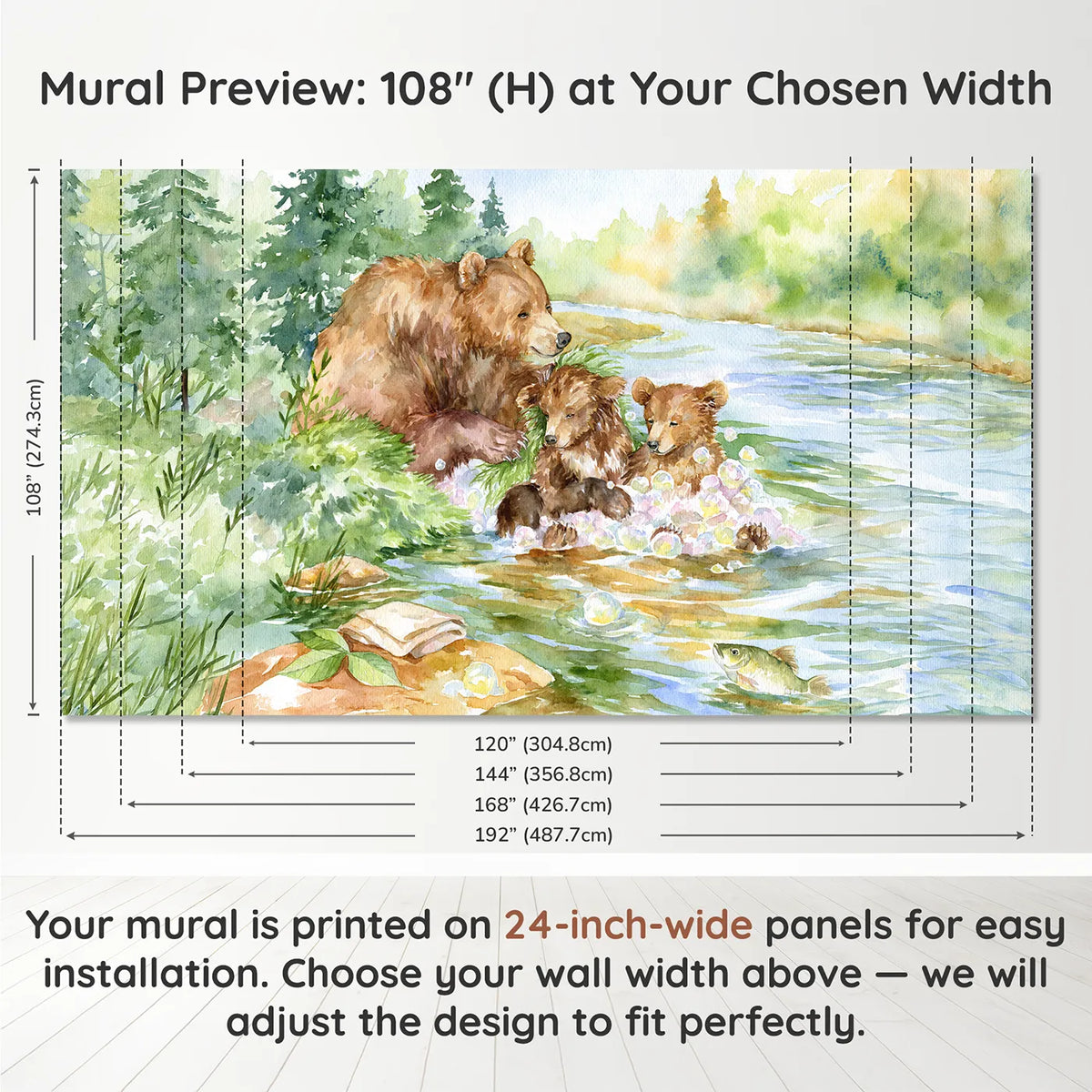 Panel layout and dimensions for The River Bath Wallpaper Mural by Whimsy Tots