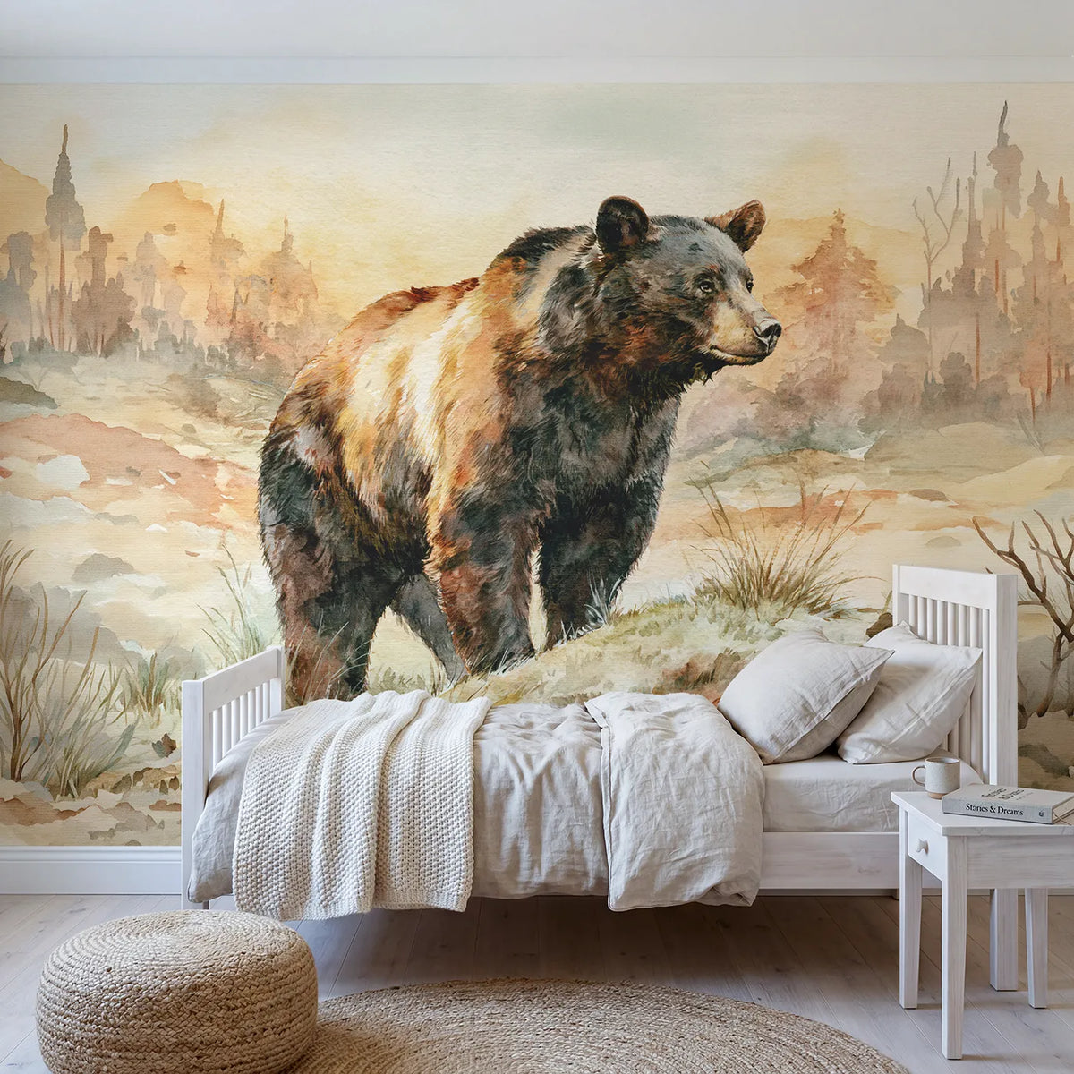 Watercolor wall mural of a calm black bear study by Whimsy Tots