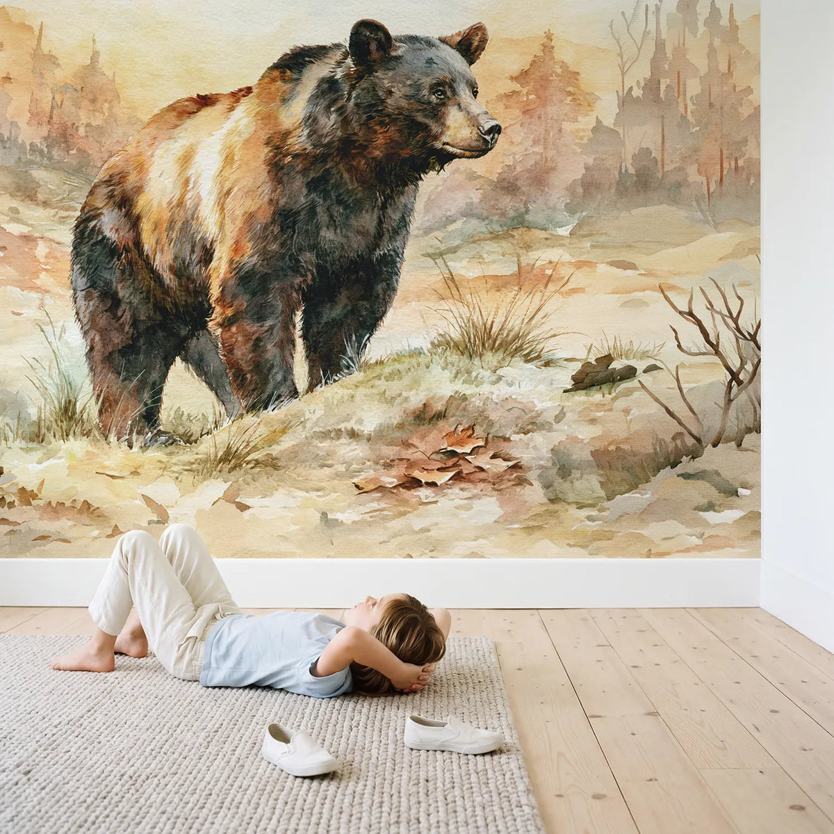 Child in nursery with Black Bear Study Wallpaper Mural by Whimsy Tots