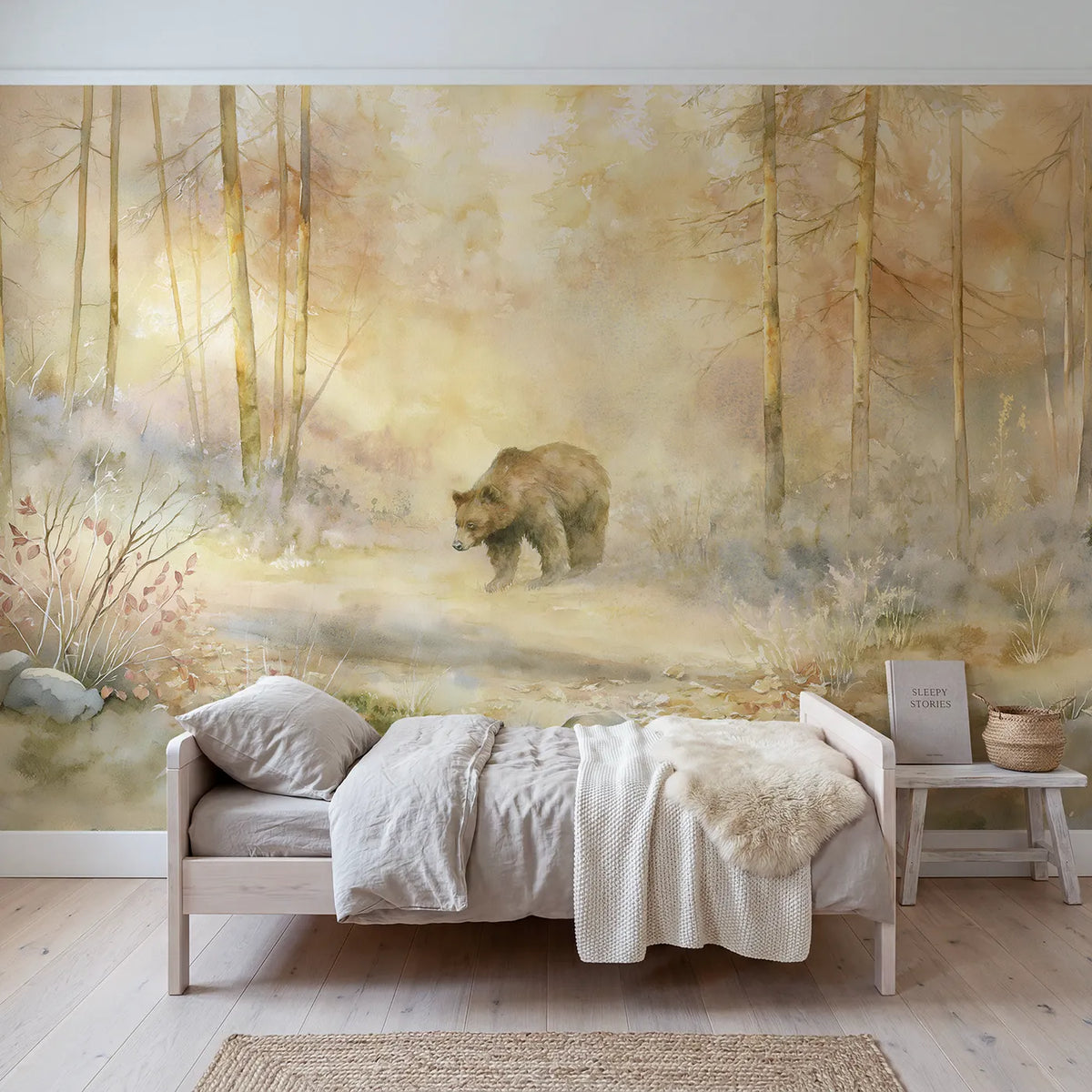Watercolor wall mural of a bear in a forest at dawn by Whimsy Tots