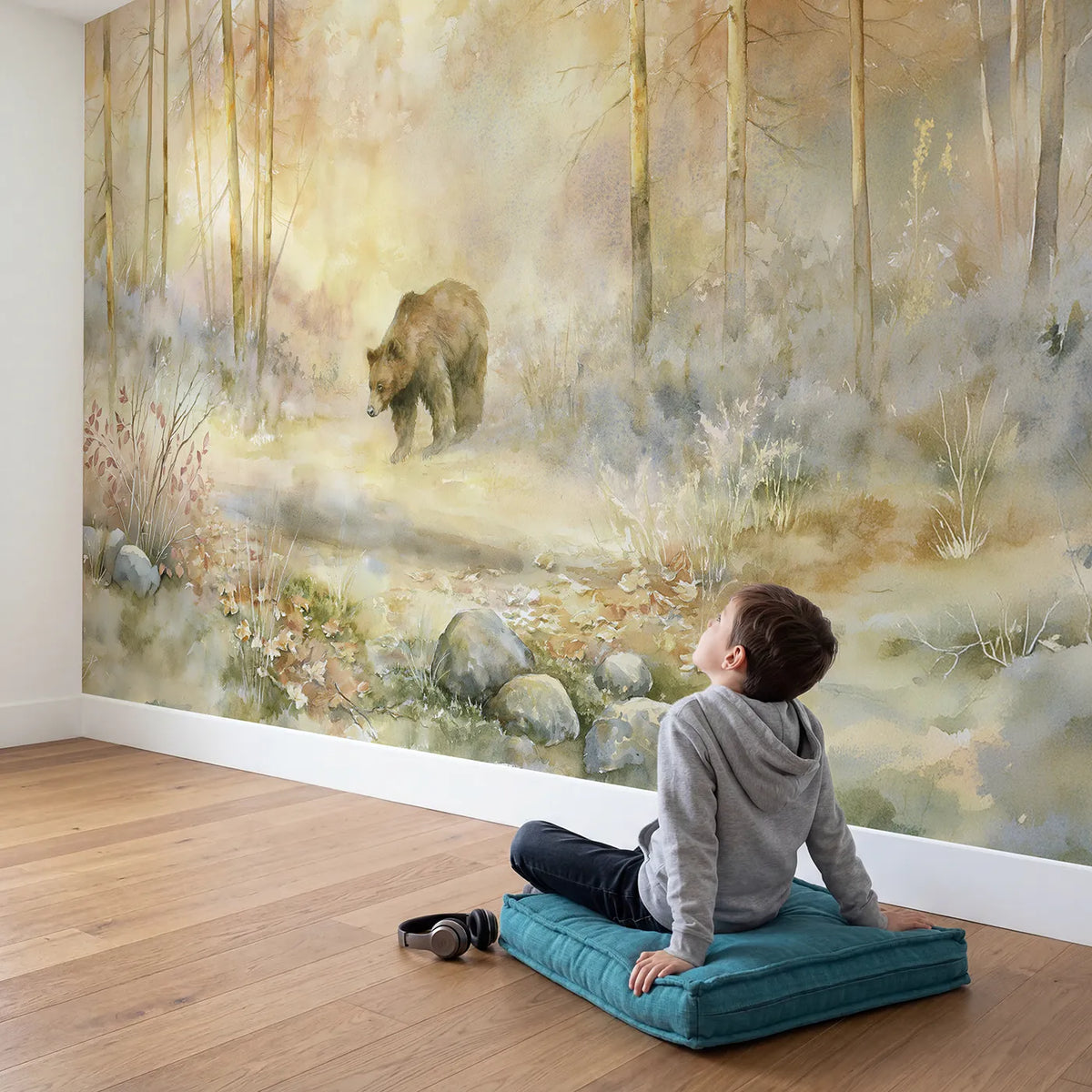 Child in nursery with Bear Forest Dawn Wallpaper Mural by Whimsy Tots