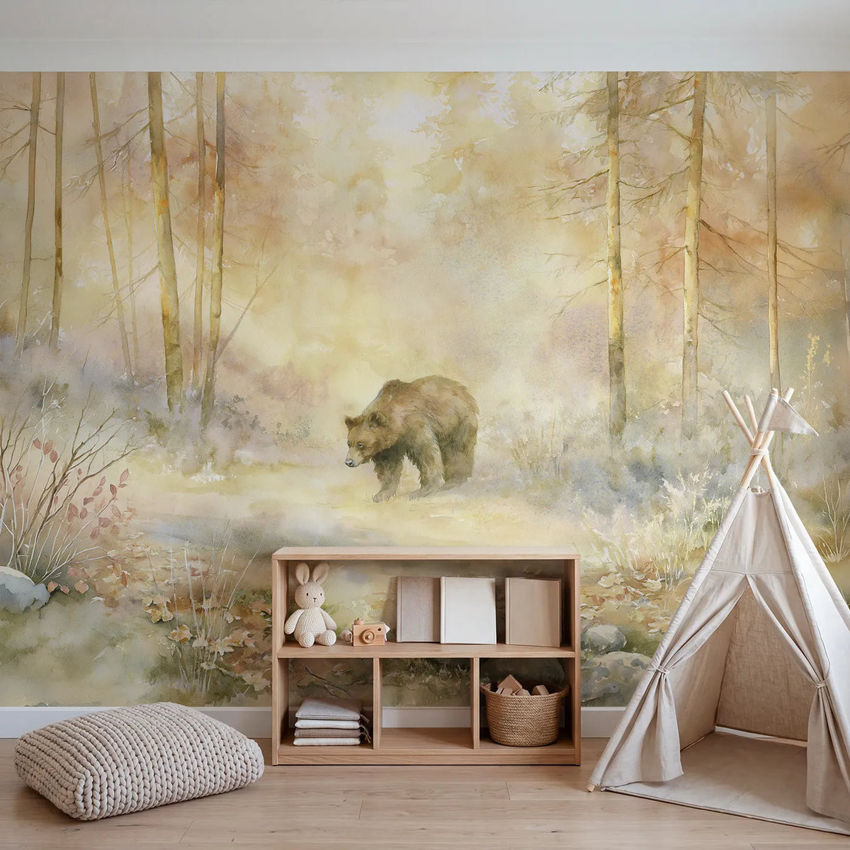 Bear Forest Dawn Wallpaper Mural in playroom setting by Whimsy Tots