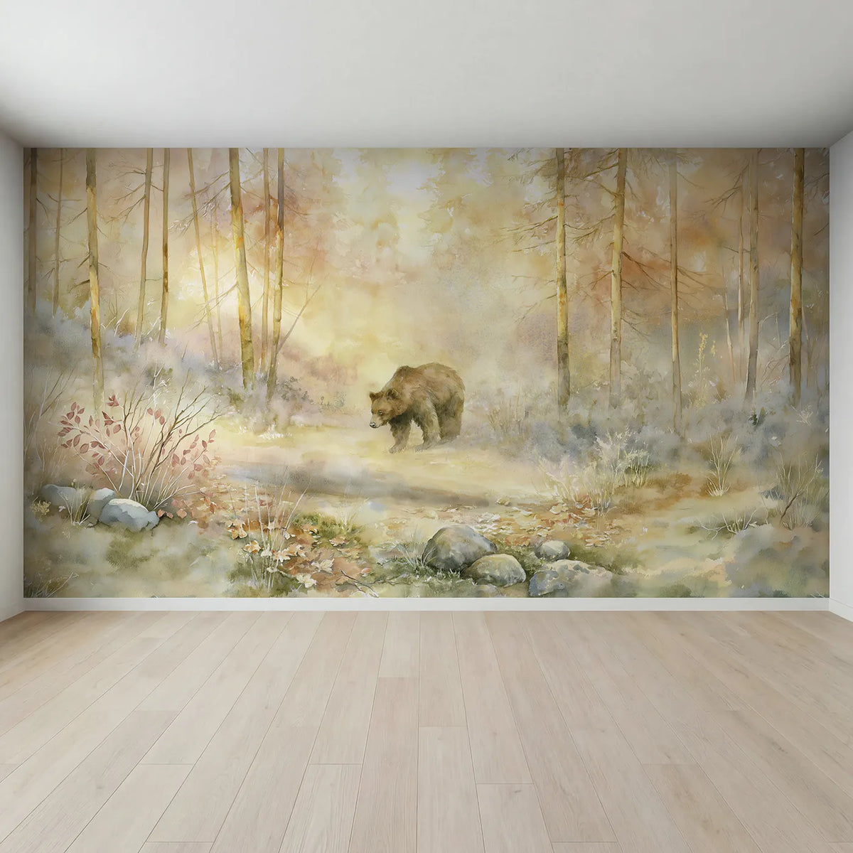 Full view of Bear Forest Dawn Wallpaper Mural by Whimsy Tots