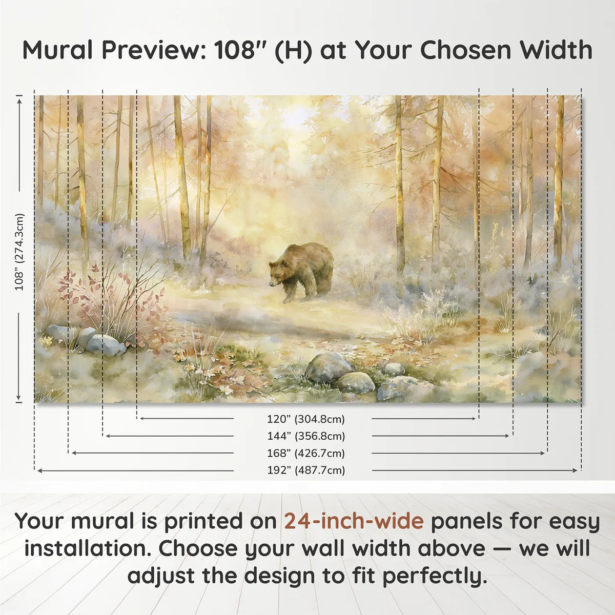 Panel layout and dimensions for Bear Forest Dawn Wallpaper Mural by Whimsy Tots