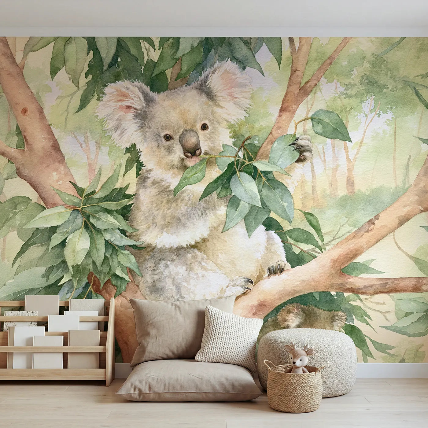 Watercolor koala selecting a eucalyptus leaf, wall mural for a big-kid bedroom by Whimsy Tots