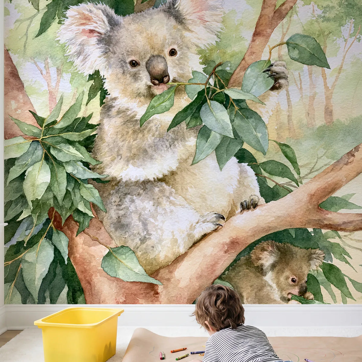 Child in nursery with The Fussy Eucalyptus Taster Wallpaper Mural by Whimsy Tots