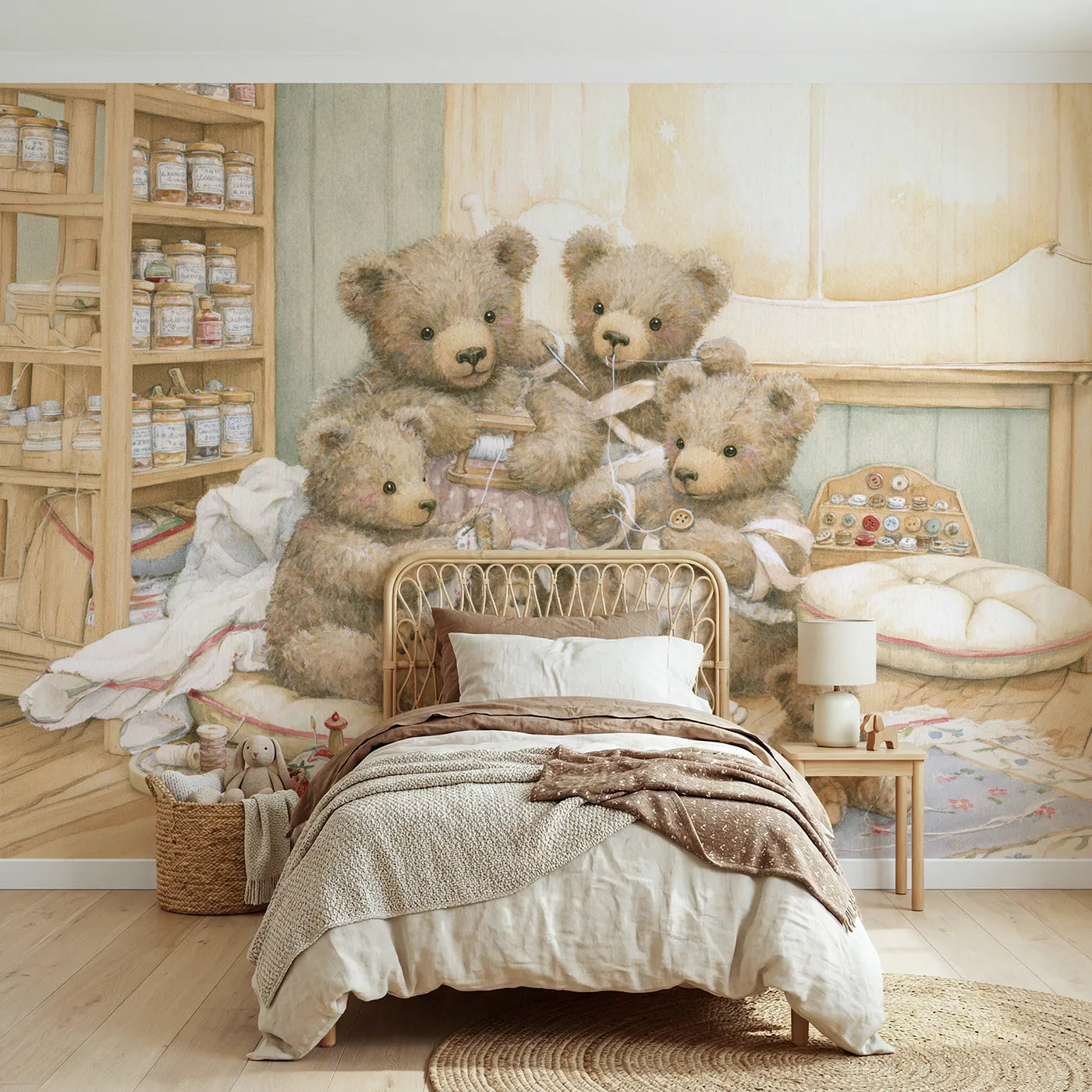 Storybook teddy bears mending one another, wall mural for a bedroom by Whimsy Tots