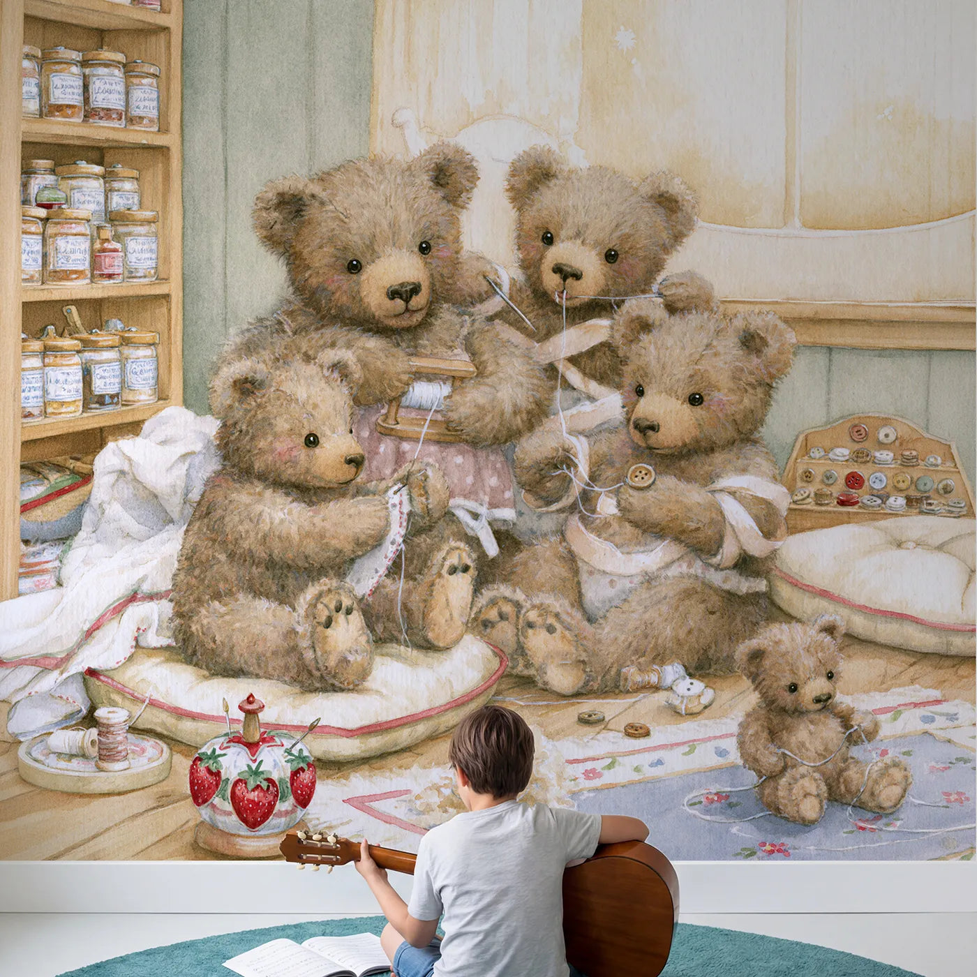 Child in nursery with The Teddy Mending Room Wallpaper Mural by Whimsy Tots