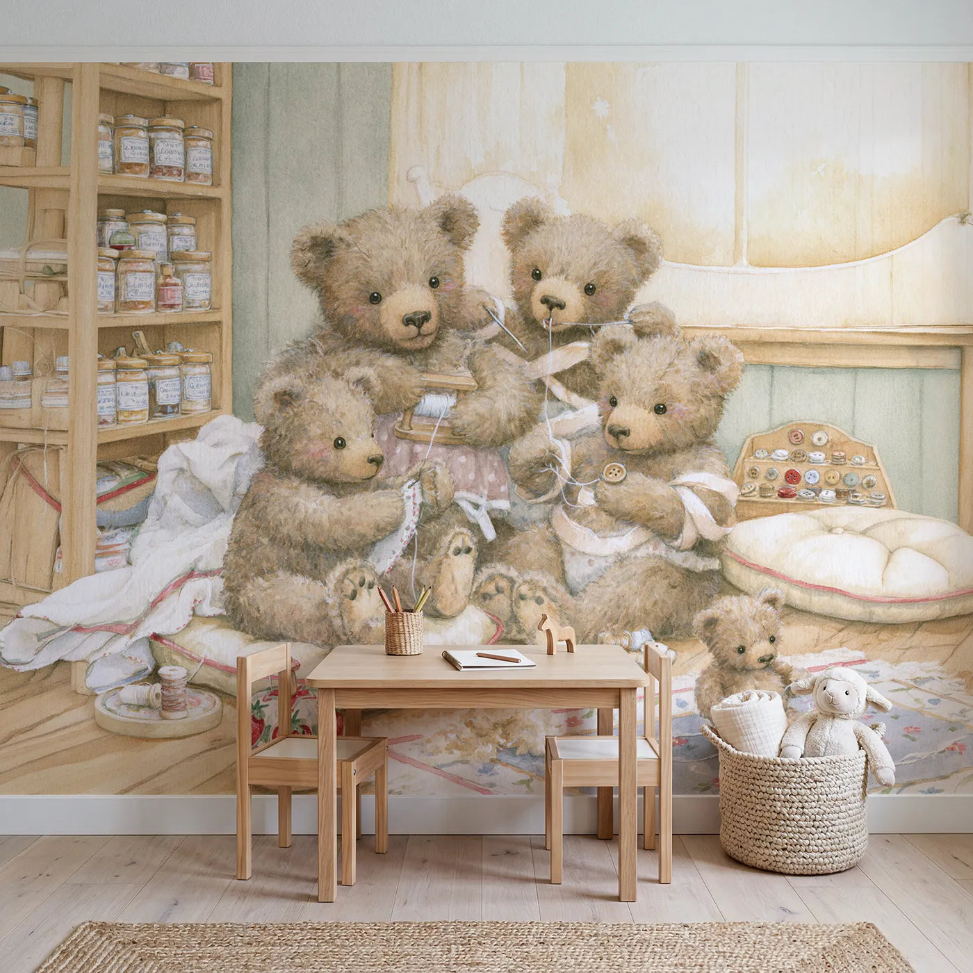The Teddy Mending Room Wallpaper Mural in playroom setting by Whimsy Tots