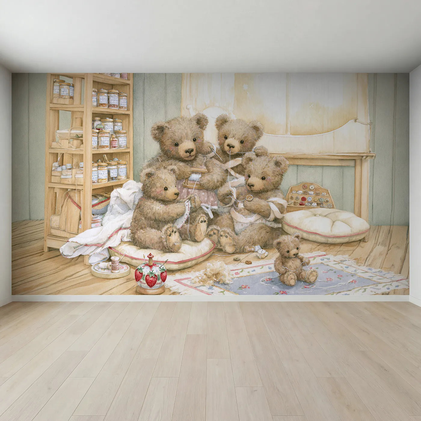 Full view of The Teddy Mending Room Wallpaper Mural by Whimsy Tots