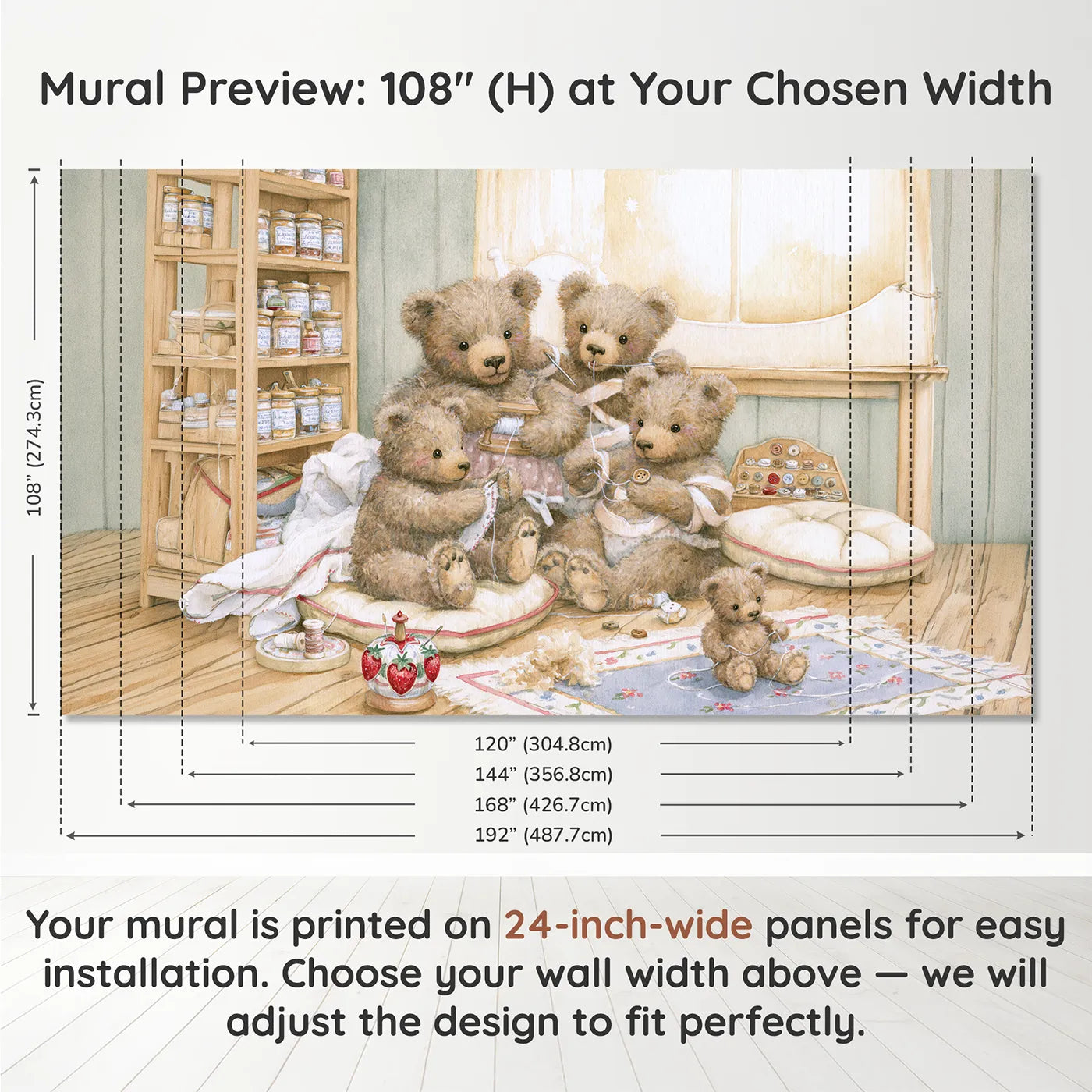 Panel layout and dimensions for The Teddy Mending Room Wallpaper Mural by Whimsy Tots