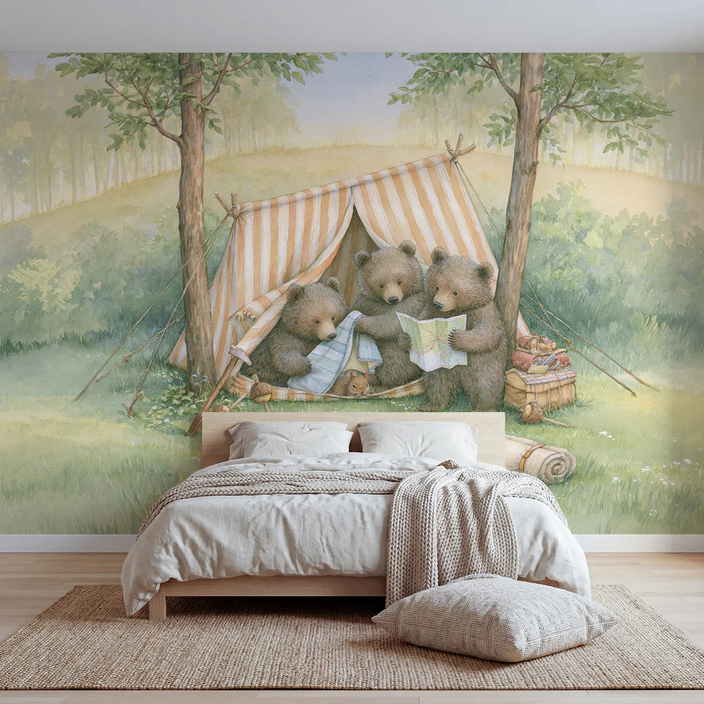 Storybook bear cubs camping in a striped tent, wall mural for a bedroom by Whimsy Tots