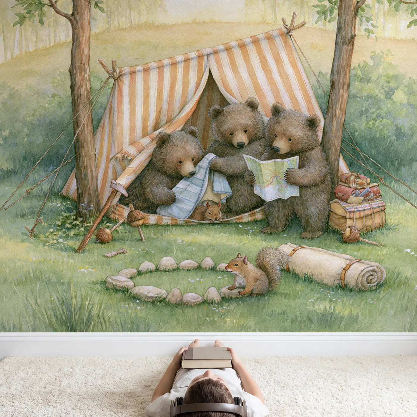 Child in nursery with The Cub Camp Out Wallpaper Mural by Whimsy Tots