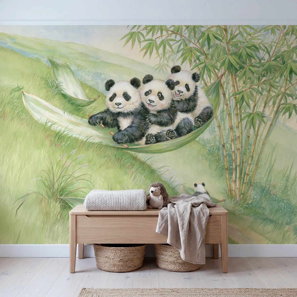 The Bamboo Leaf Sled Wallpaper Mural in playroom setting by Whimsy Tots