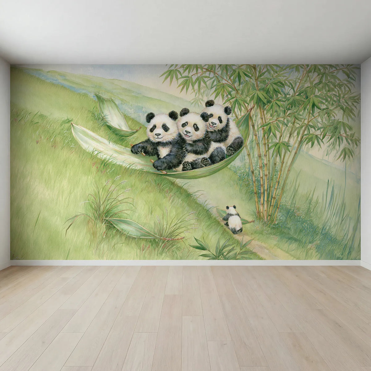 Full view of The Bamboo Leaf Sled Wallpaper Mural by Whimsy Tots