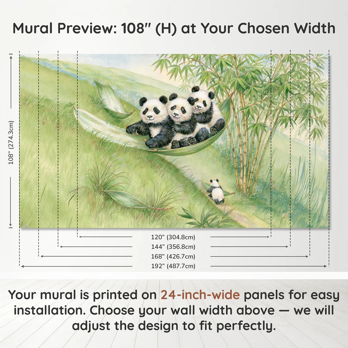 Panel layout and dimensions for The Bamboo Leaf Sled Wallpaper Mural by Whimsy Tots