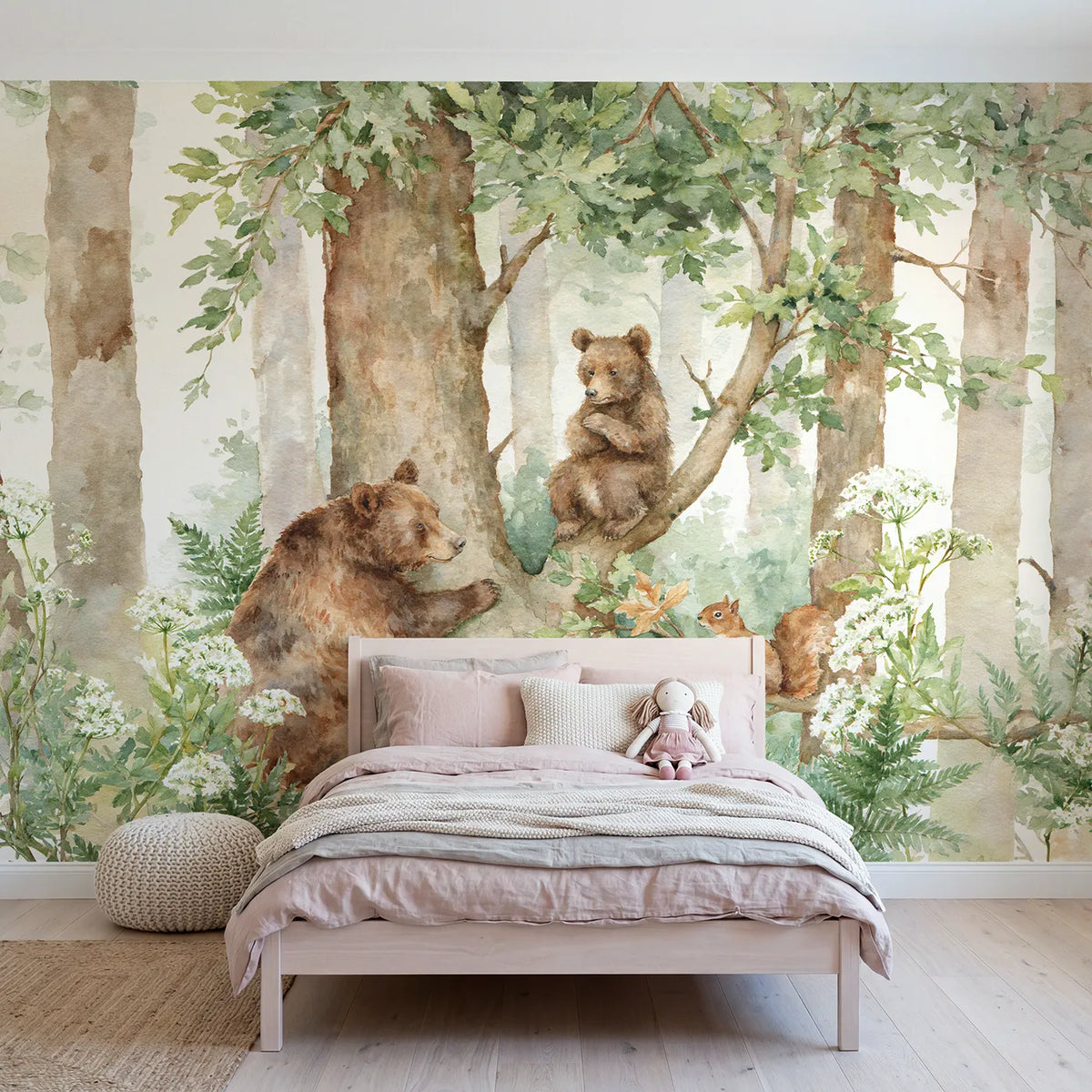 Watercolor bear cub refusing to leave a tree fork, wall mural for a toddler room by Whimsy Tots