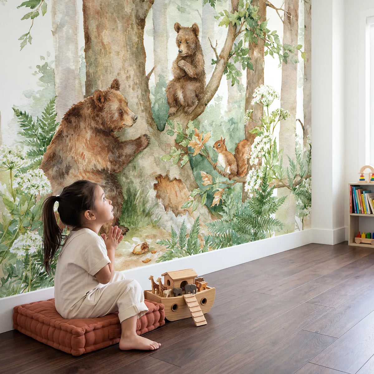 Child in nursery with The Cub Who Would Not Come Down Wallpaper Mural by Whimsy Tots