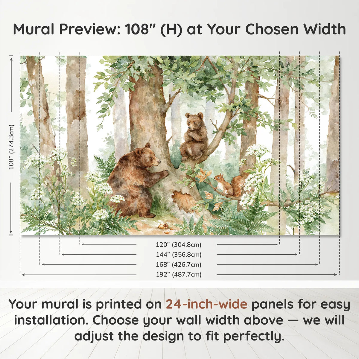 Panel layout and dimensions for The Cub Who Would Not Come Down Wallpaper Mural by Whimsy Tots