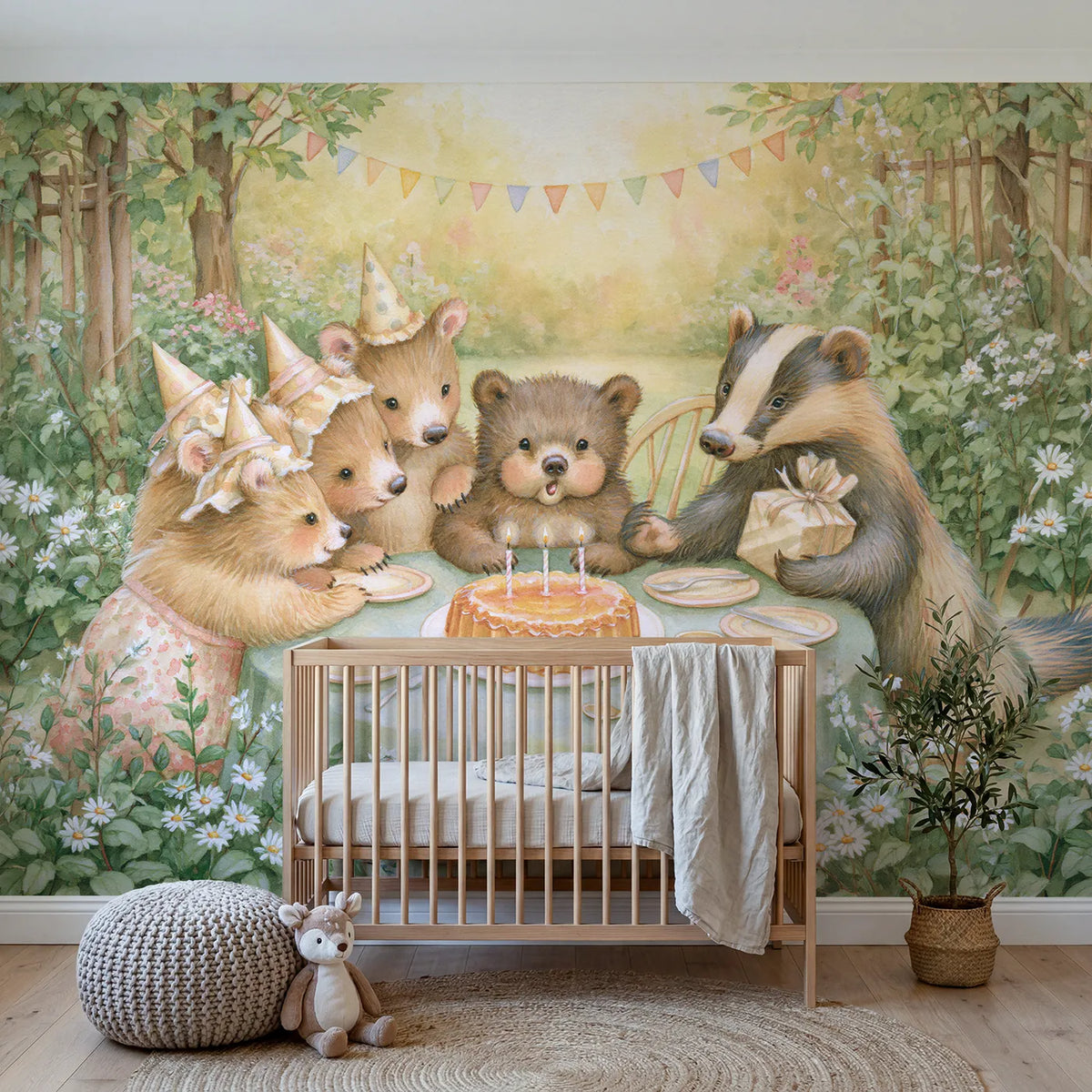 Storybook bear cub birthday with a honey cake, wall mural for a bedroom by Whimsy Tots